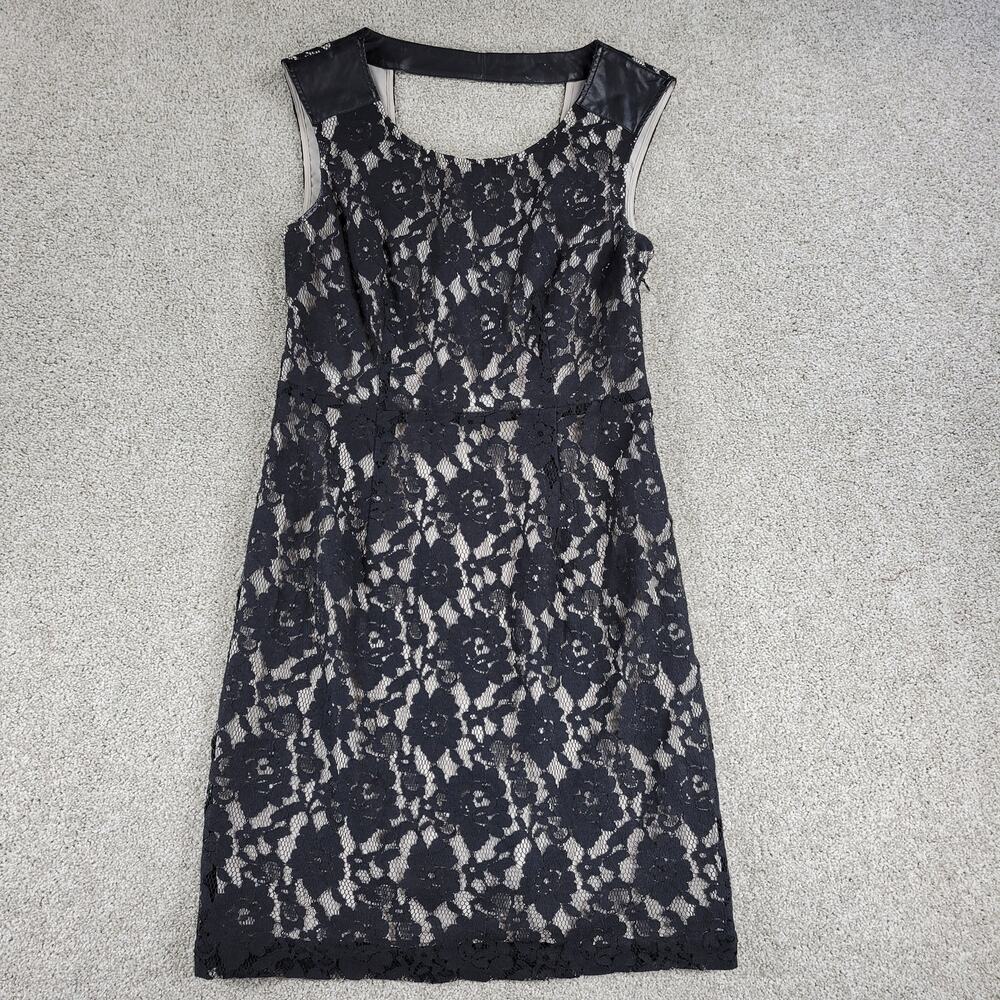 DKNY Jeans Lace Dress Womens 4 Black Faux Leather Trim Cotton Blend Sleeveless